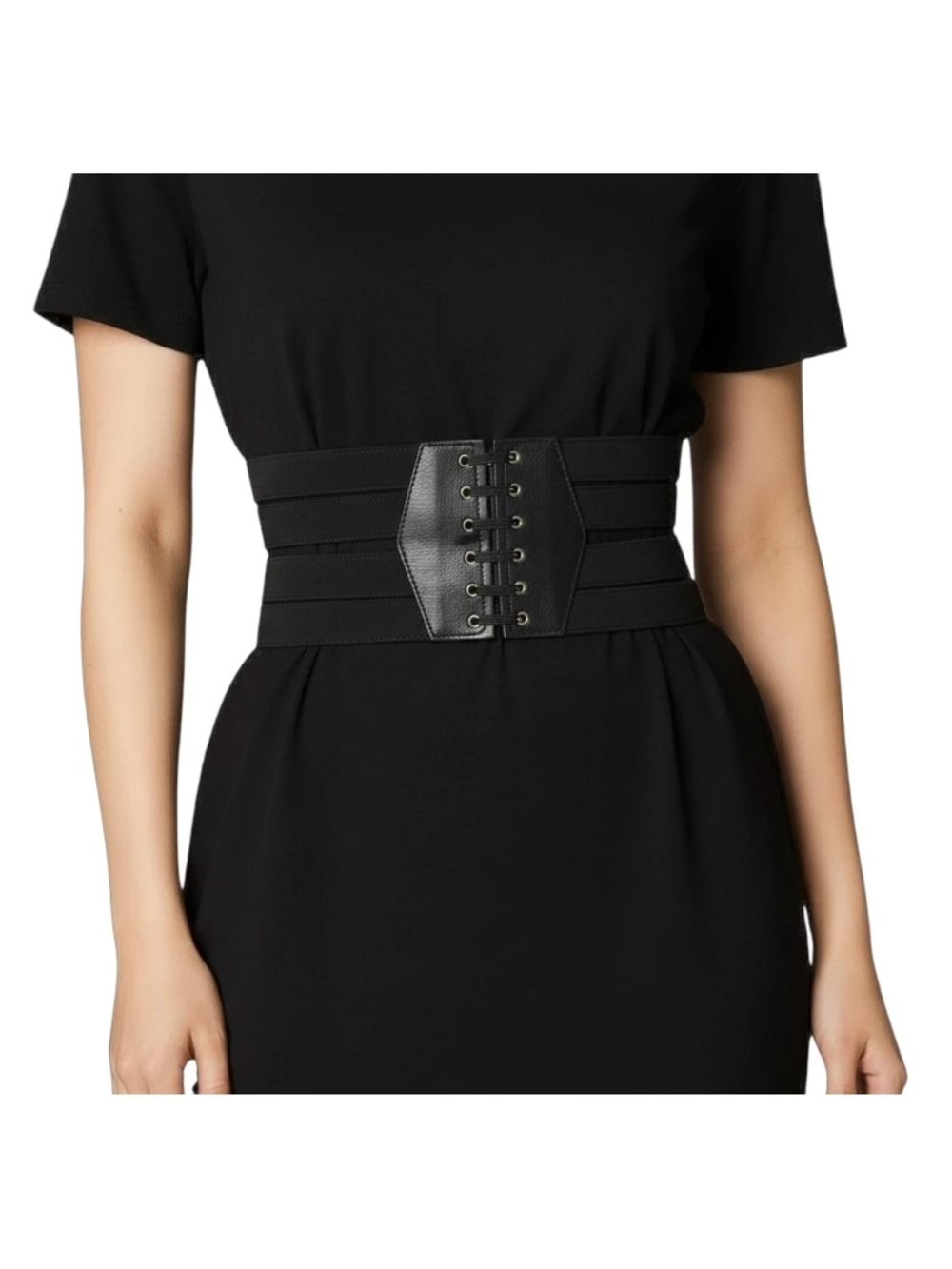 Wide Black Faux Lace-Up Waist Belt Elastic Stretchwith Back Snap